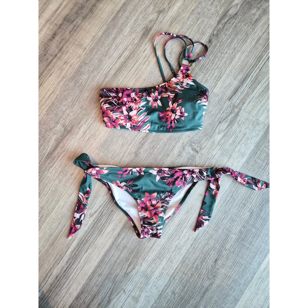 Iris & Lilly Women Floral One Shoulder Bikini Set Green Pink Small SH191278